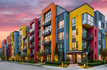 Colorful modern apartment buildings with large glass windows and balconies in a sunny residential area