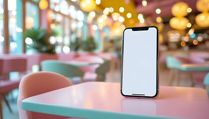 Smartphone with blank screen on a pink table in a colorful, brightly lit cafe interior.
