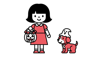 Halloween fun illustration: A young girl in a charming red dress, clutching a jack-o'-lantern treat bag, stands proudly beside her puppy who is adorably donned in a ghost hat.