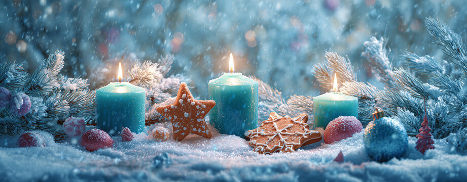 Winter Holiday Candlelight Scene with Gingerbread Cookies