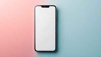 Modern smartphone with blank white screen on a pastel pink and blue split background, top view, ready for content.