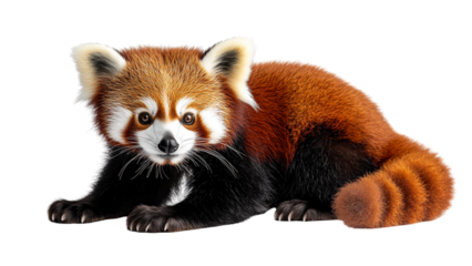 Cute red panda with fluffy tail and distinctive facial markings is lying down on transparent background. Its fur is mix of reddish brown and black, creating striking contrast