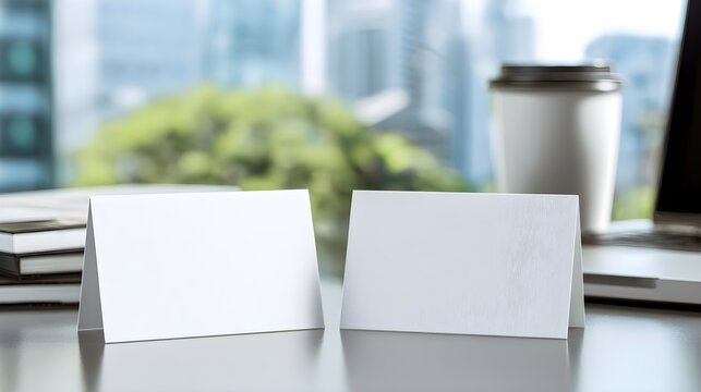 Clean business cards stand ready on an office desk with a laptop coffee cup and blurred greenery suggesting a modern workspace for branding and corporate identity.