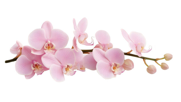 A delicate arrangement of pink orchids gracefully positioned on a clean white background. their petals and natural beauty. ideal for floral design or botanical illustrations