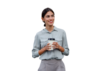 Smiling latin business woman drinking takeaway coffee, enjoying break, transparent background