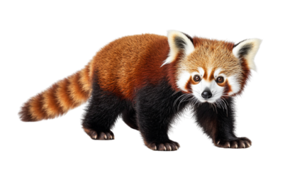 Cute red panda with fluffy tail and distinctive facial markings stands on transparent background. Its reddish brown fur and curious expression make it adorable subject for wildlife enthusiasts