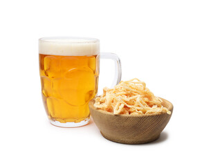 Glass mug of beer and dried squid shavings isolated on white