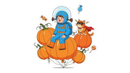 A Spacewalking on Halloween: A delightful scene unfolds as a young astronaut, accompanied by a superhero cat, embarks on a fantastical journey atop a cluster of pumpkins.