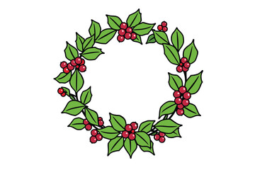 Holiday circular wreath with holly leaves and berries isolated artwork
