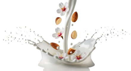 Almond milk splash with almonds and flowers isolated on transparent background