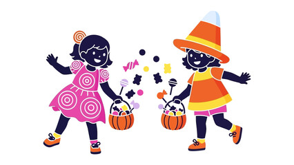 Trick-or-Treat Bonanza: Joyful children, adorned in festive costumes, gleefully exchange colorful candies during the spooktacular celebration of Halloween.