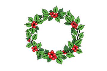 Minimal circular wreath with holly leaves and berries holiday ornament