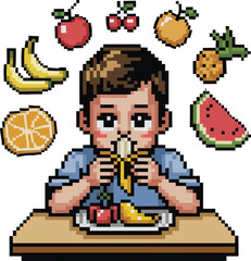 Obraz premium Young boy happily eating a banana surrounded by fresh fruits