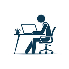 Simple silhouette of person working on laptop at desk in office chair with plant