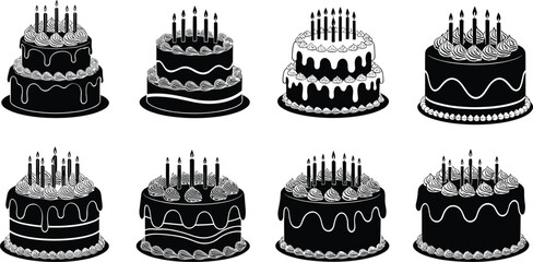 Birthday cake silhouette set with candles, frosting, and decorative designs, perfect for celebration, party invitations, and festive vector art