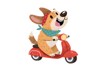 Happy dog wearing bandana riding a red scooter isolated on transparent background