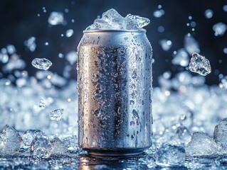Icy soda can mockup surrounded by ice chunks on a black surface for product promotion and advertising campaign