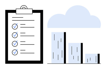 Checklist with completed tasks alongside declining bar chart under a cloud. Ideal for productivity, planning, goals, performance, progress, analytics, teamwork. Simple flat metaphor