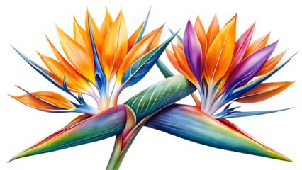 Two bird of paradise flower isolated on transparent background, a tropical beauty