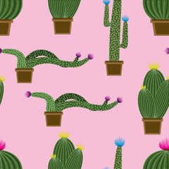 Hand drawn cactus plant doodle seamless pattern. Vintage style cartoon cacti houseplant background. Nature desert flora texture, Mexican garden print. Natural interior graphic decoration wallpaper