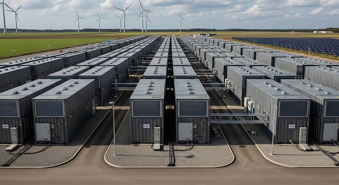 Extensive array of modular power units arranged in a vast, open-air energy facility.