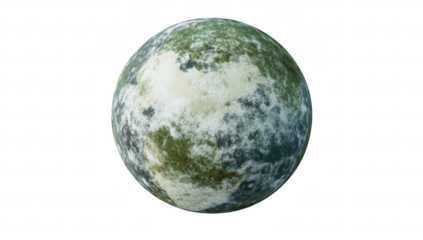 A detailed depiction of a textured planet green and grayish terrains. with a focus on its spherical shape. ideal for use in educational materials or digital art