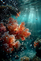 Fototapeta premium Underwater Coral Reef with Bubbles and Sunlight