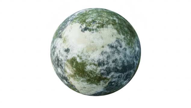 A detailed depiction of a textured planet green and grayish terrains. with a focus on its spherical shape. ideal for use in educational materials or digital art