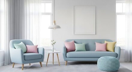 Modern minimalist living room with pastel furniture and natural light