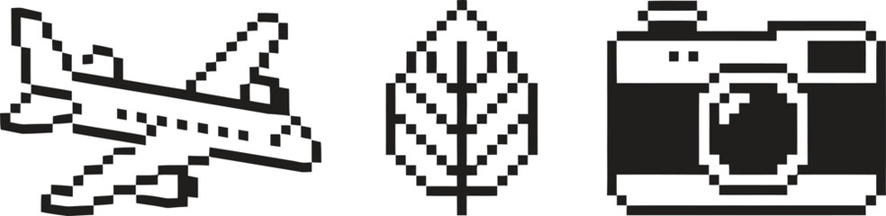 Pixel art icons of an airplane leaf and camera on a white background