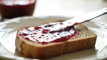 Close-up of a person spreading delicious red berry jam on a slice of golden toasted bread for a healthy breakfast or snack. Homemade fruit spread on rustic bread