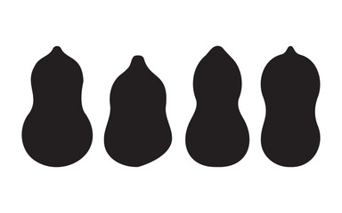 Four black bottle gourds in a row against a silhouette art on white background