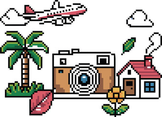 Pixel art travel and vacation icons with camera and airplane