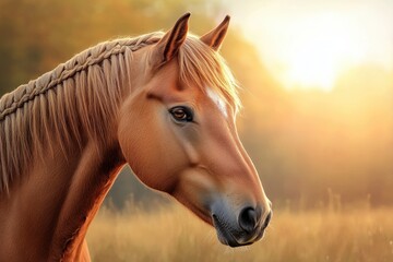 Obraz premium Graceful brown horse with braided mane in autumn light