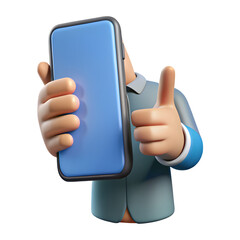 Man holding a blue smartphone and giving a thumbs up gesture