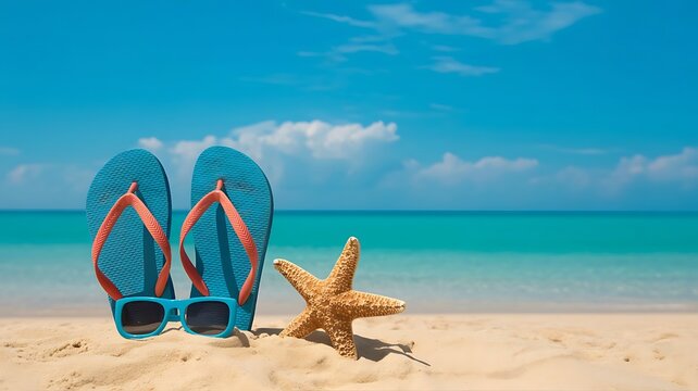 Blue flip flops sunglasses and starfish on sandy beach turquoise ocean water - Powered by Adobe