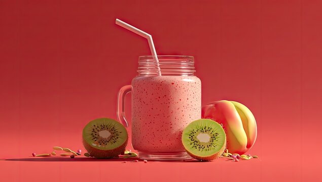 A vibrant, glossy smoothie in a glass jar, highlighted against a vibrant crimson background, accompanied by peach and kiwi slices.