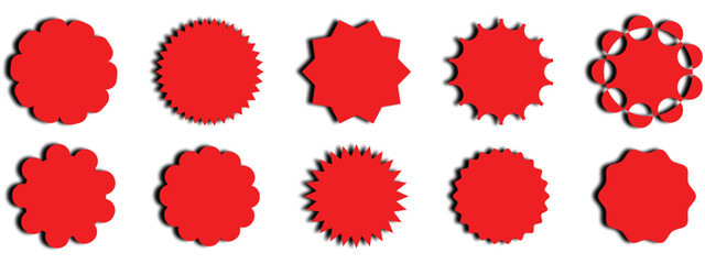 Set of red starburst. Price sticker, sale sticker, price tag, starburst, quality mark, retro stars, sale. Circle sticker set. Wavy edge promo red badges. Star burst shape tags for price. shadow sale	
