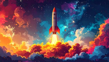 Colorful rocket launch into vibrant nebula