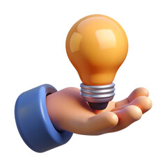 Cartoon hand holding a glowing orange light bulb on a black background
