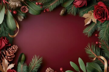 Fototapeta premium Festive holiday background with pine branches and red rose decorations