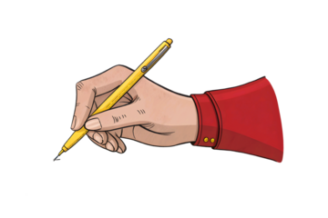 Hand holding a yellow pen writing isolated on transparent background
