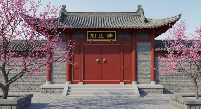 Ancient architectural structure featuring traditional design, with a red gate and decorative elements, framed by blossoming cherry trees with pink flowers.