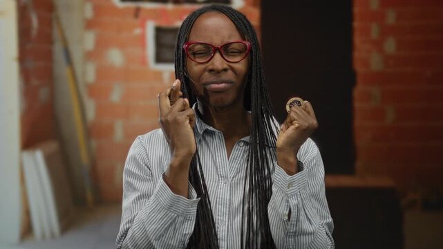Woman holding coin with fingers crossed, african american, standing at indoor construction site, showcasing crypto enthusiasm and focusing on blockchain potential.