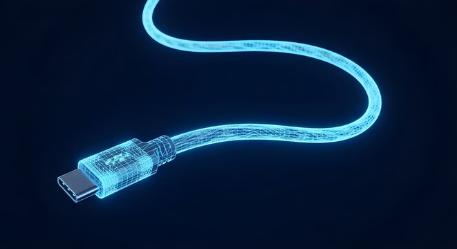 USB-C charging cable Blue Wireframe USB Type C Cable Curving On Dark Background usb c usb type c