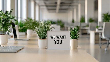 A modern office space with plants and a sign reading "WE WANT YOU," promoting a welcoming and inviting work environment.