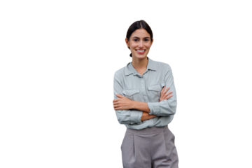 Confident businesswoman with arms crossed smiling, looking at camera. Professional woman on transparent background