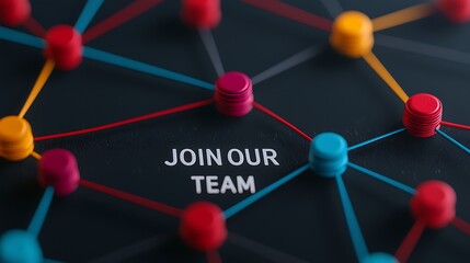A network of colorful dots connected by lines, with the text "JOIN OUR TEAM" prominently displayed, symbolizing collaboration and teamwork.