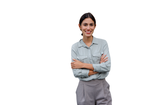 Confident businesswoman with arms crossed smiling, looking at camera. Professional woman on transparent background