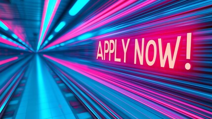 A vibrant, futuristic scene with dynamic lines of color and an "APPLY NOW!" message, suggesting urgency and action in a digital context.